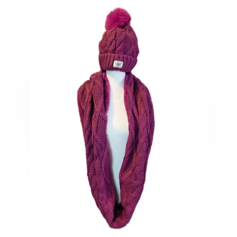 UGG Fuschia Cable Knit Beanie and Scarf Set